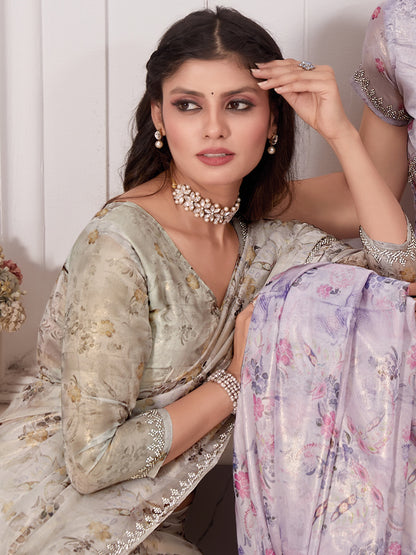 Women's Organza Cream Embellished Designer Saree With Blouse Piece