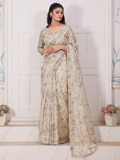 Women's Organza Cream Embellished Designer Saree With Blouse Piece