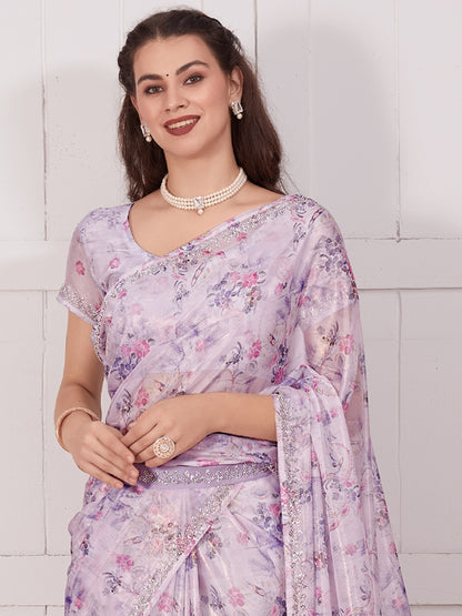 Women's Organza Lavendar Embellished Designer Saree With Blouse Piece