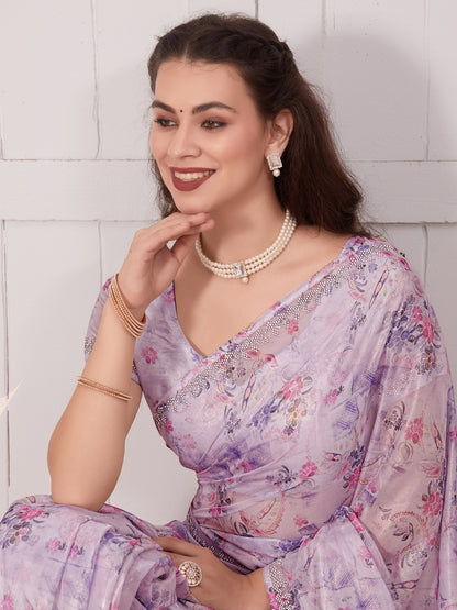Women's Organza Lavendar Embellished Designer Saree With Blouse Piece