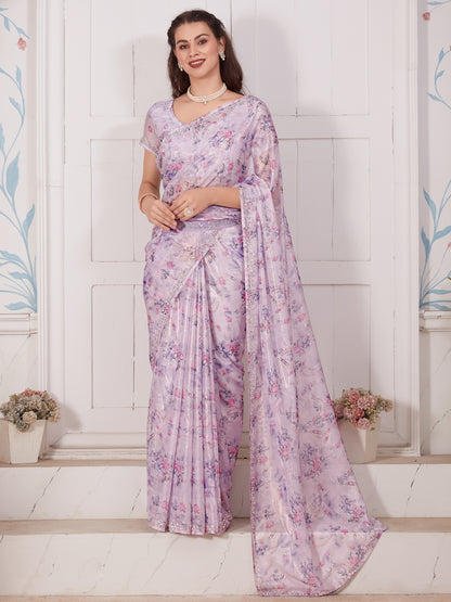 Women's Organza Lavendar Embellished Designer Saree With Blouse Piece