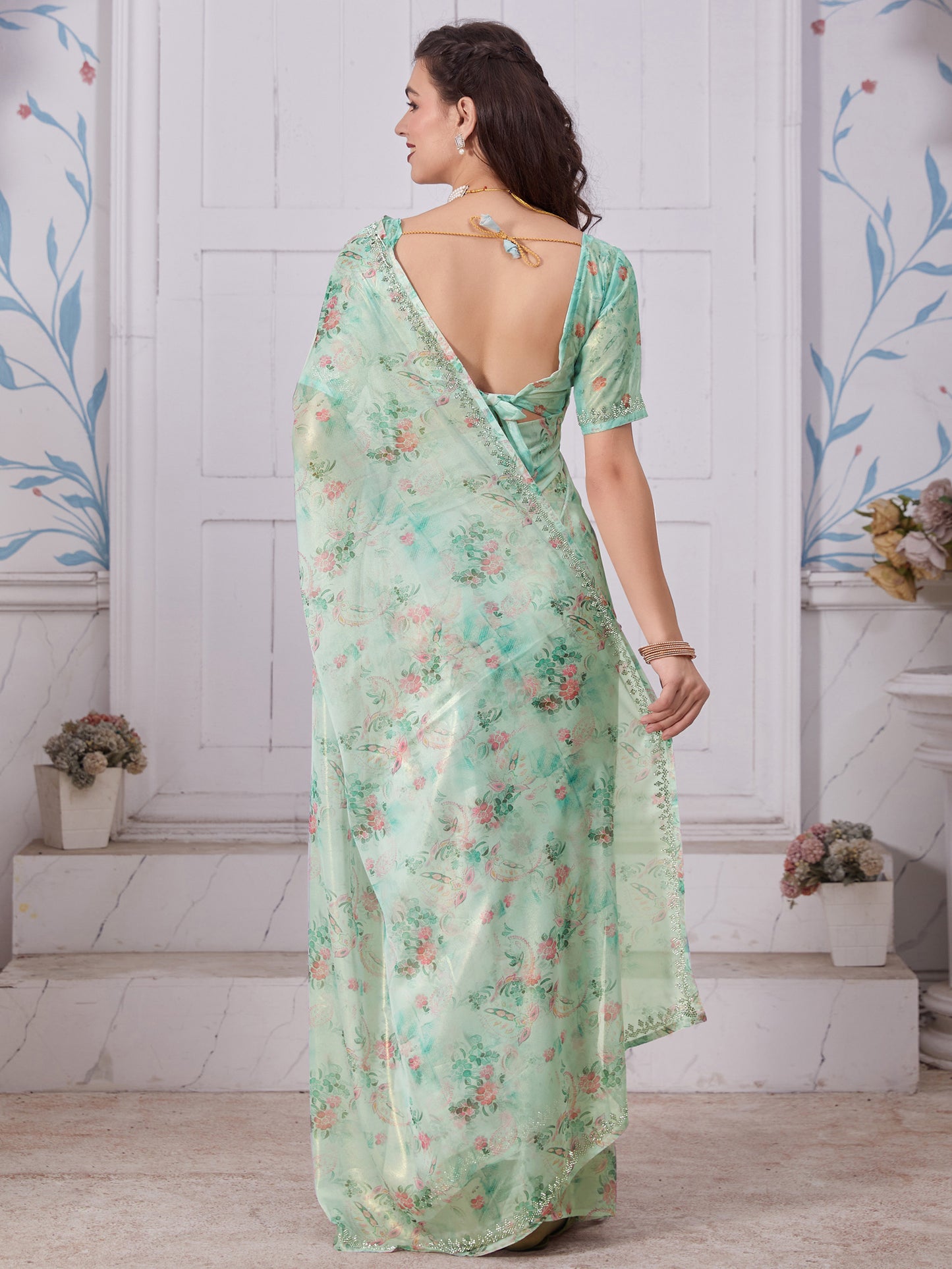 Women's Organza Sea Green Embellished Designer Saree With Blouse Piece