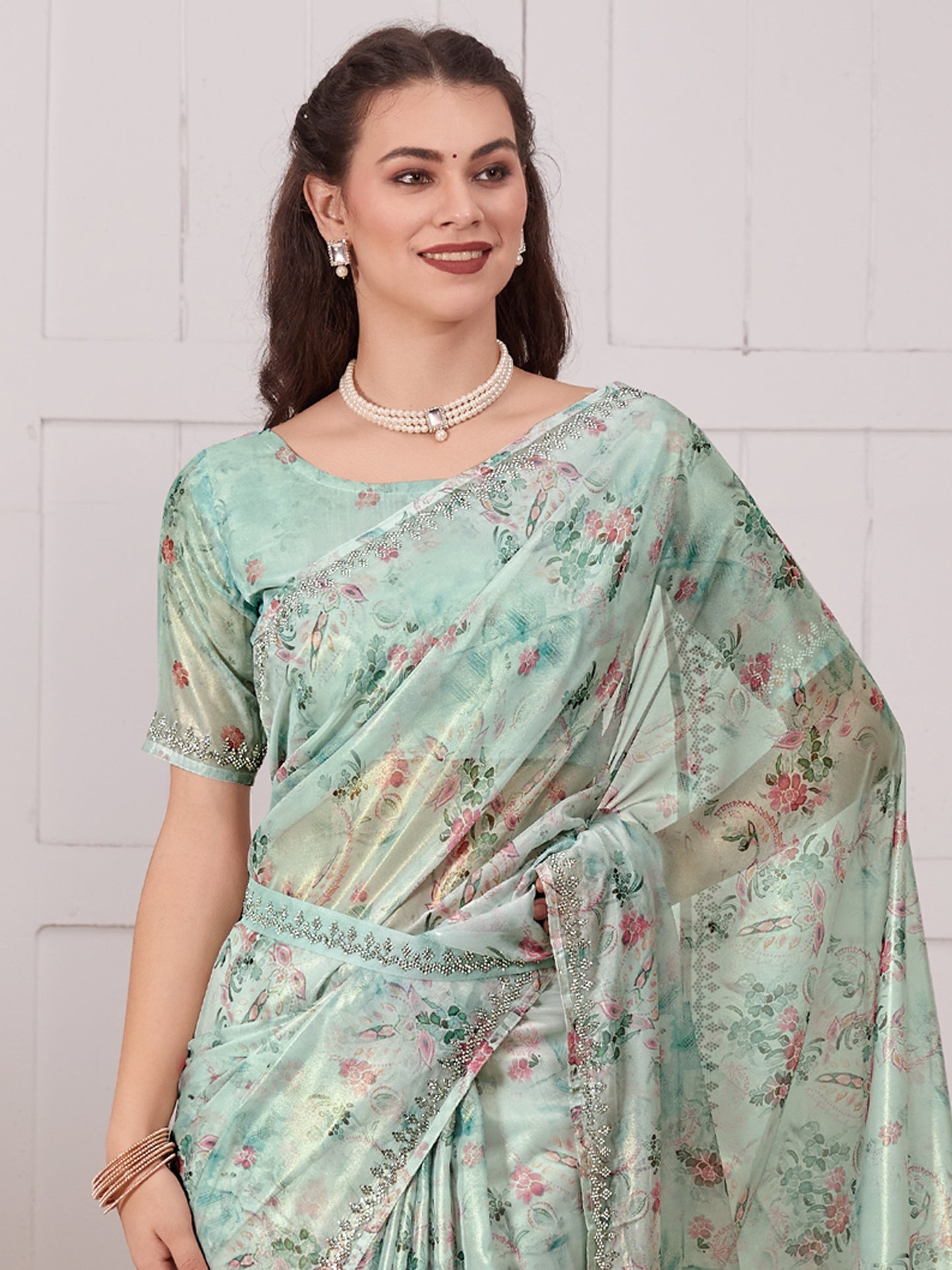 Women's Organza Sea Green Embellished Designer Saree With Blouse Piece
