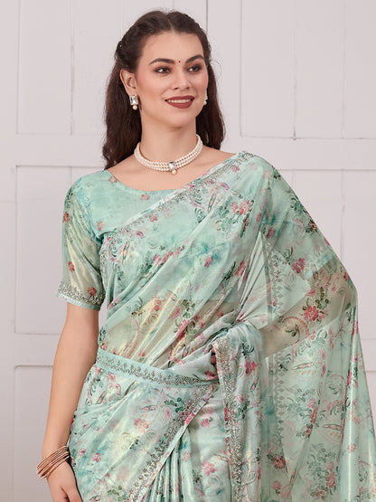 Women's Organza Sea Green Embellished Designer Saree With Blouse Piece
