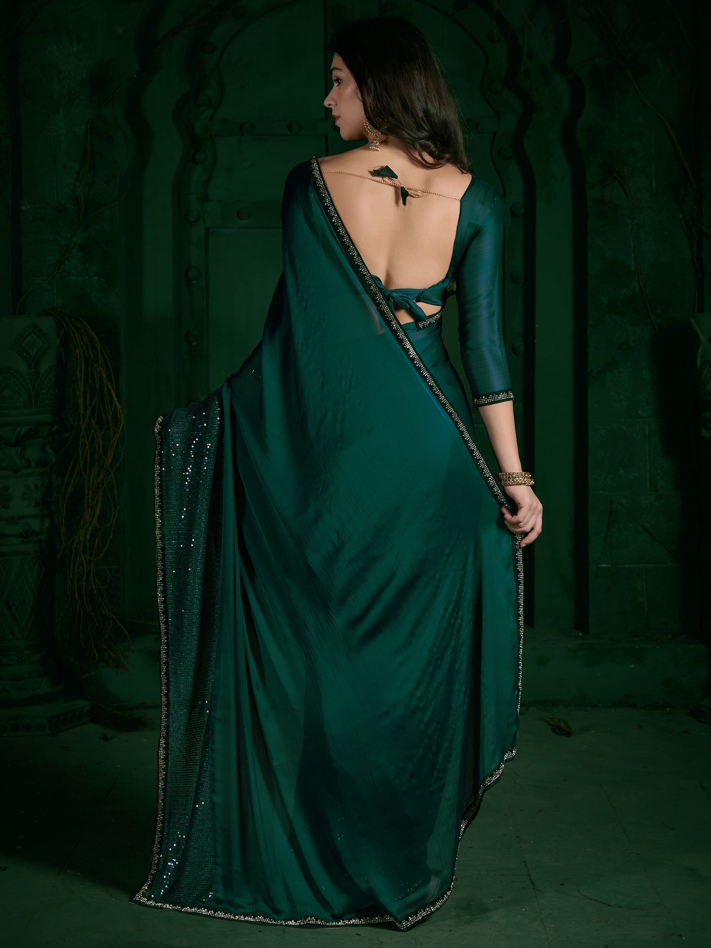 Women's Chiffon Teal green Embellished Designer Saree With Blouse Piece