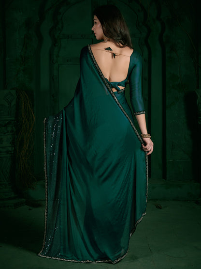 Women's Chiffon Teal green Embellished Designer Saree With Blouse Piece