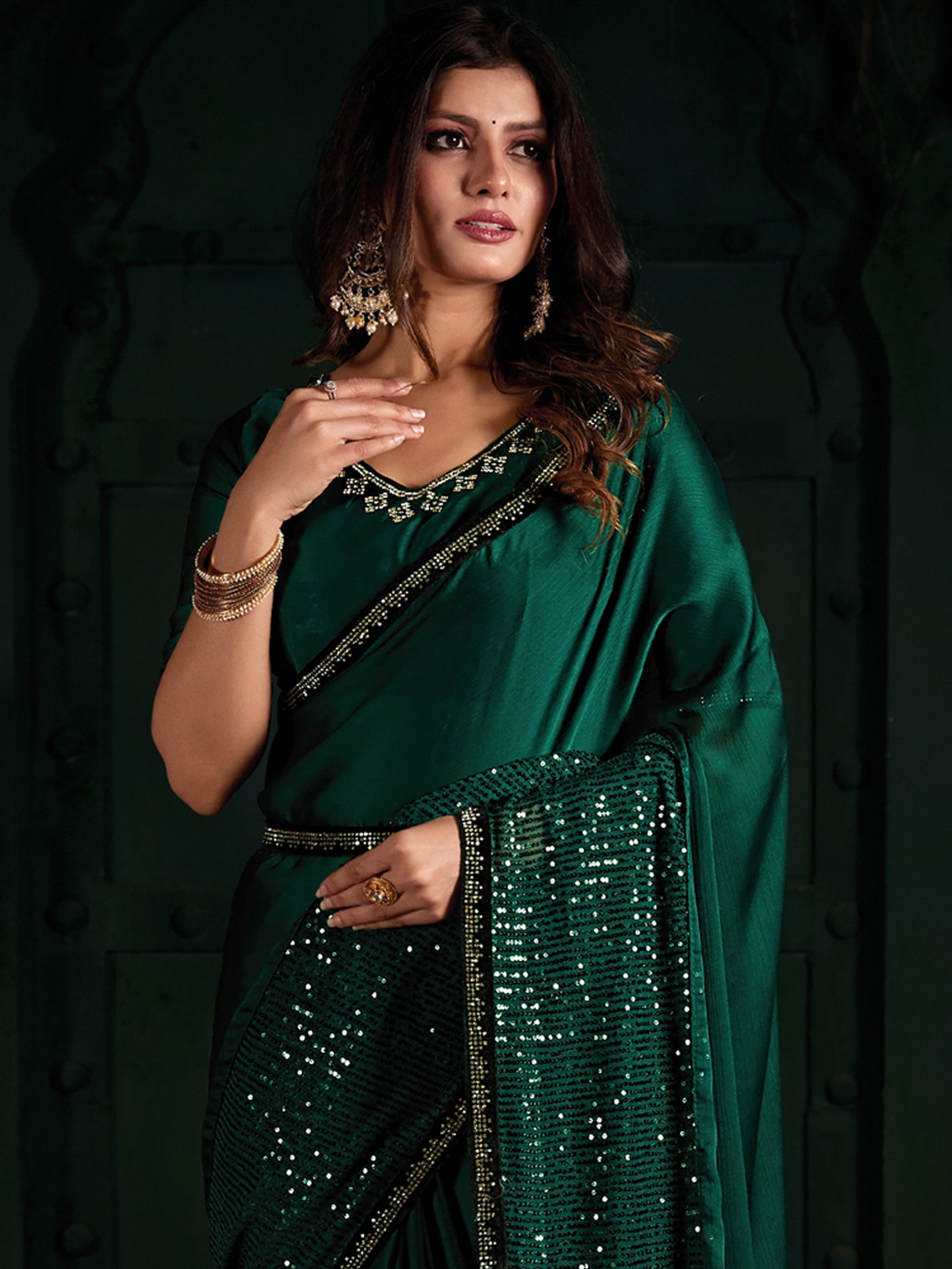 Women's Chiffon Teal green Embellished Designer Saree With Blouse Piece