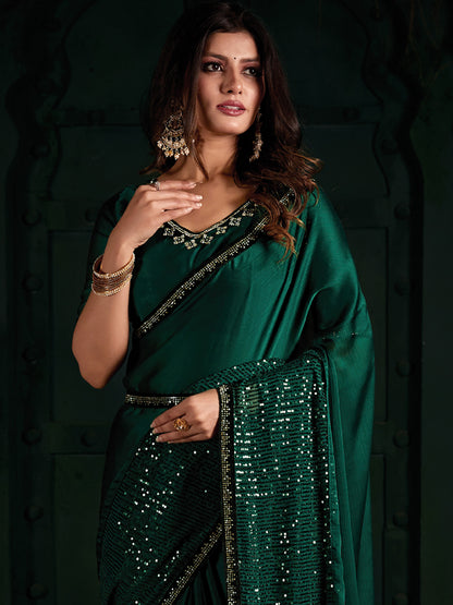 Women's Chiffon Teal green Embellished Designer Saree With Blouse Piece