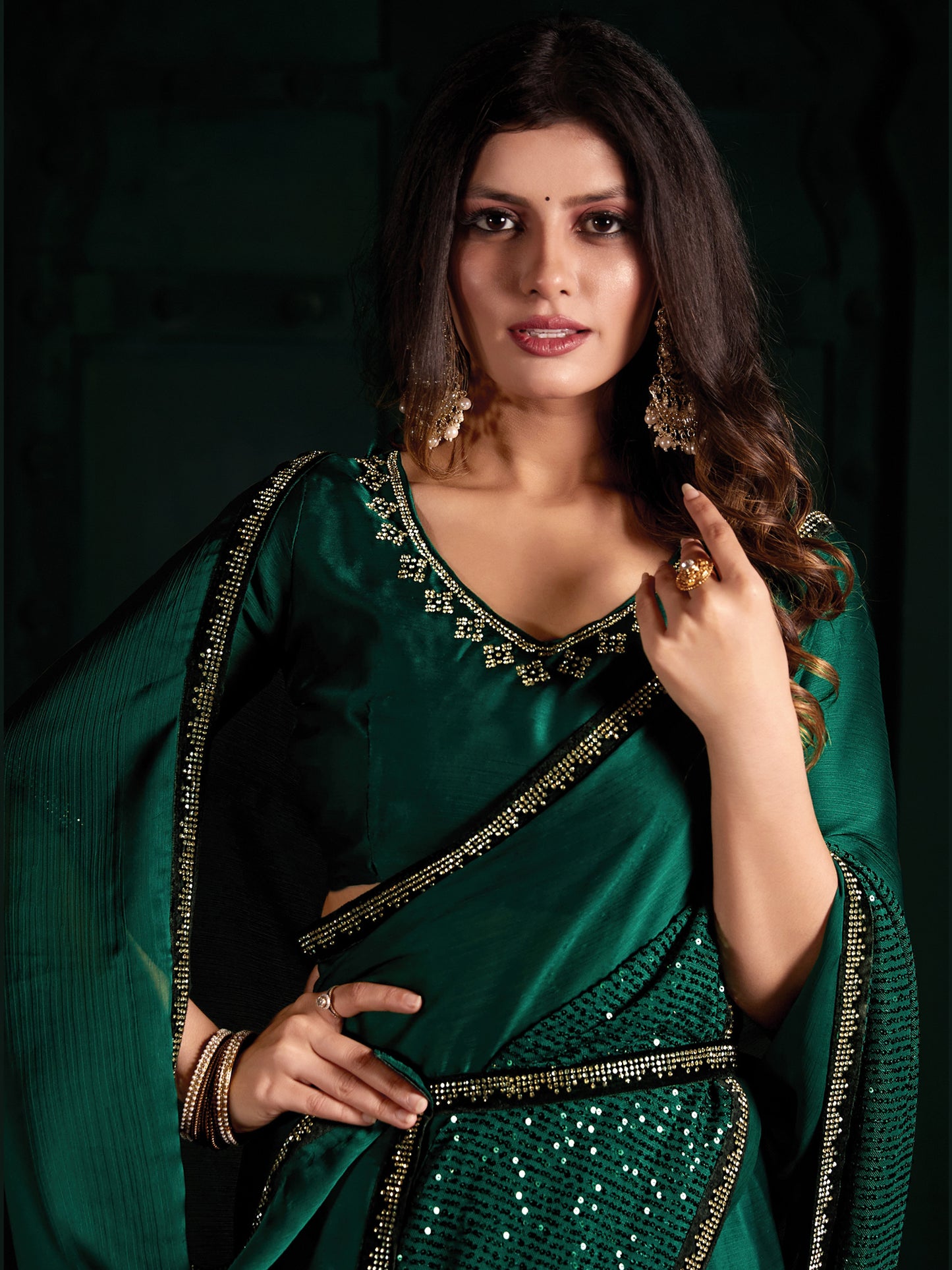 Women's Chiffon Teal green Embellished Designer Saree With Blouse Piece
