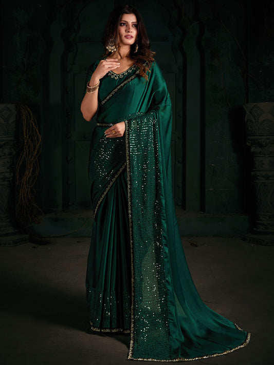 Women's Chiffon Teal green Embellished Designer Saree With Blouse Piece