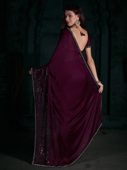 Women's Chiffon Magenta Embellished Designer Saree With Blouse Piece
