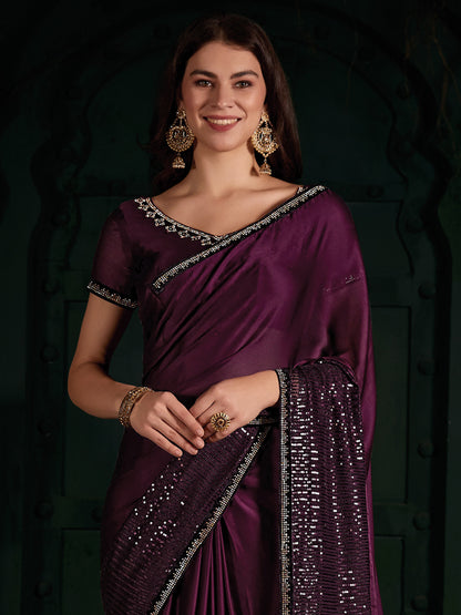 Women's Chiffon Magenta Embellished Designer Saree With Blouse Piece