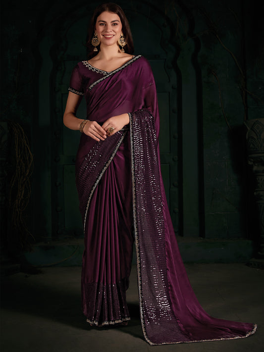 Women's Chiffon Magenta Embellished Designer Saree With Blouse Piece