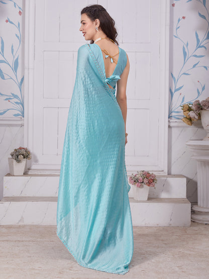 Women's Satin Silk Light Blue Embellished Designer Saree With Blouse Piece
