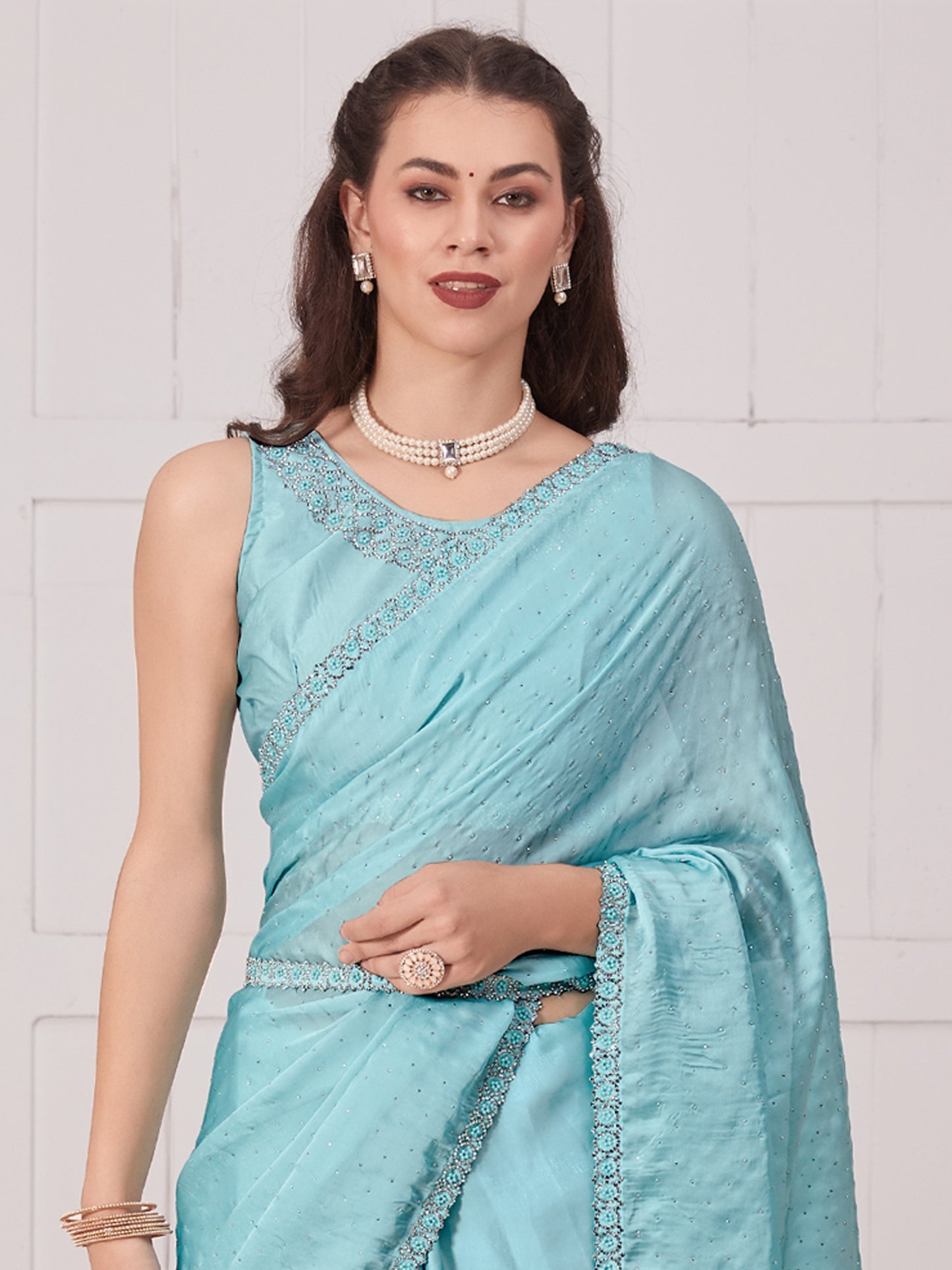 Women's Satin Silk Light Blue Embellished Designer Saree With Blouse Piece