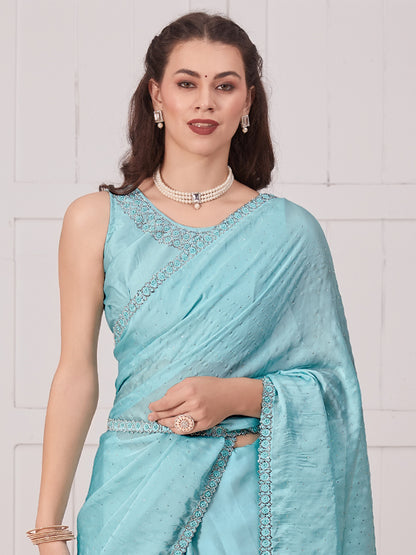Women's Satin Silk Light Blue Embellished Designer Saree With Blouse Piece