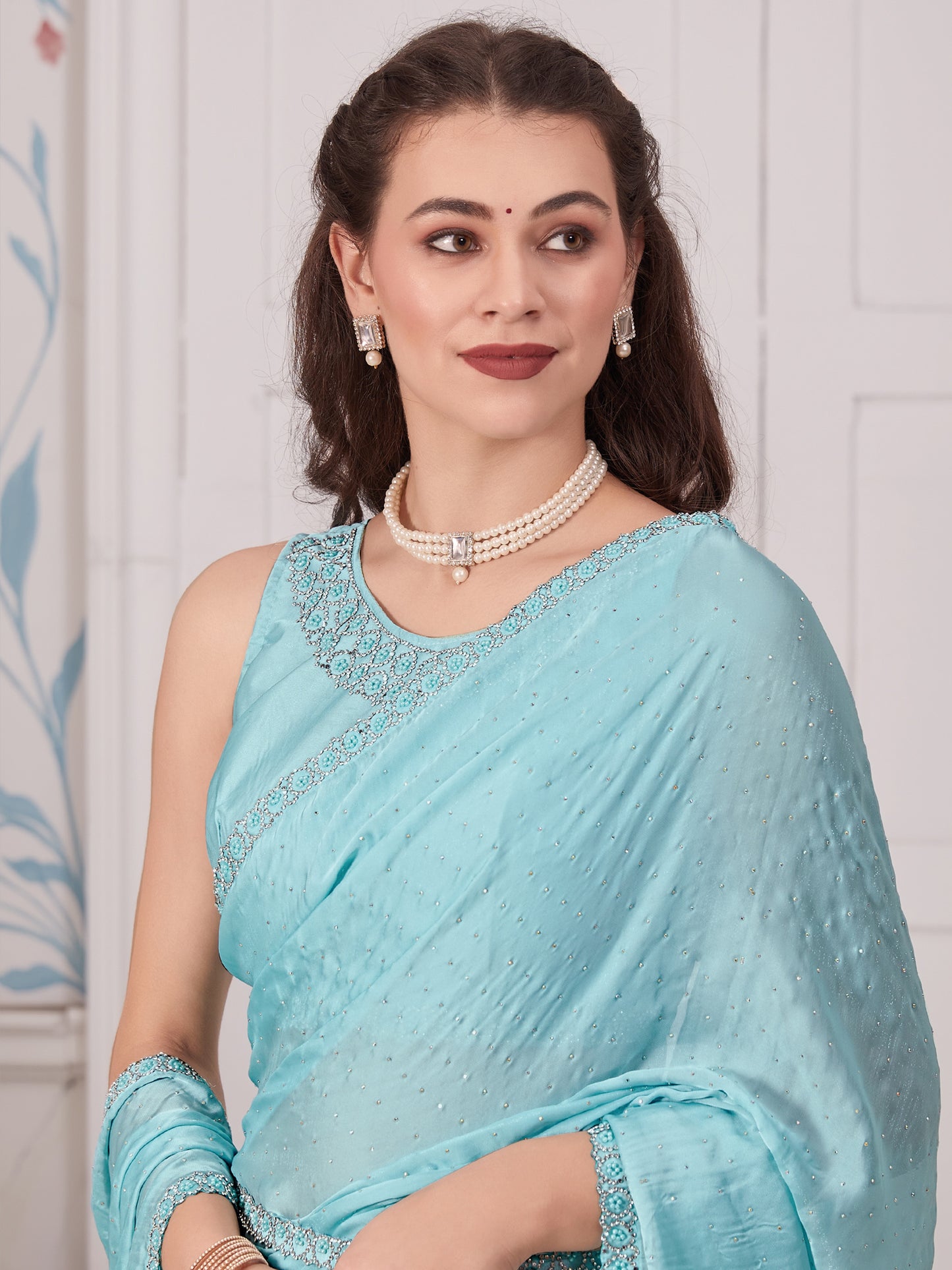 Women's Satin Silk Light Blue Embellished Designer Saree With Blouse Piece