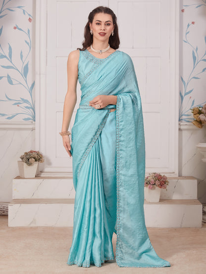 Women's Satin Silk Light Blue Embellished Designer Saree With Blouse Piece