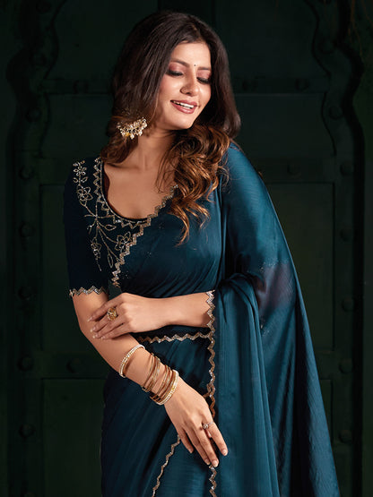 Women's Chiffon Teal blue Embellished Designer Saree With Blouse Piece