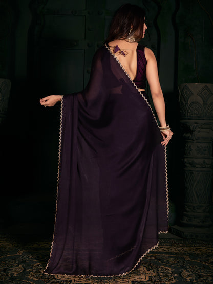 Women's Chiffon Purple Embellished Designer Saree With Blouse Piece
