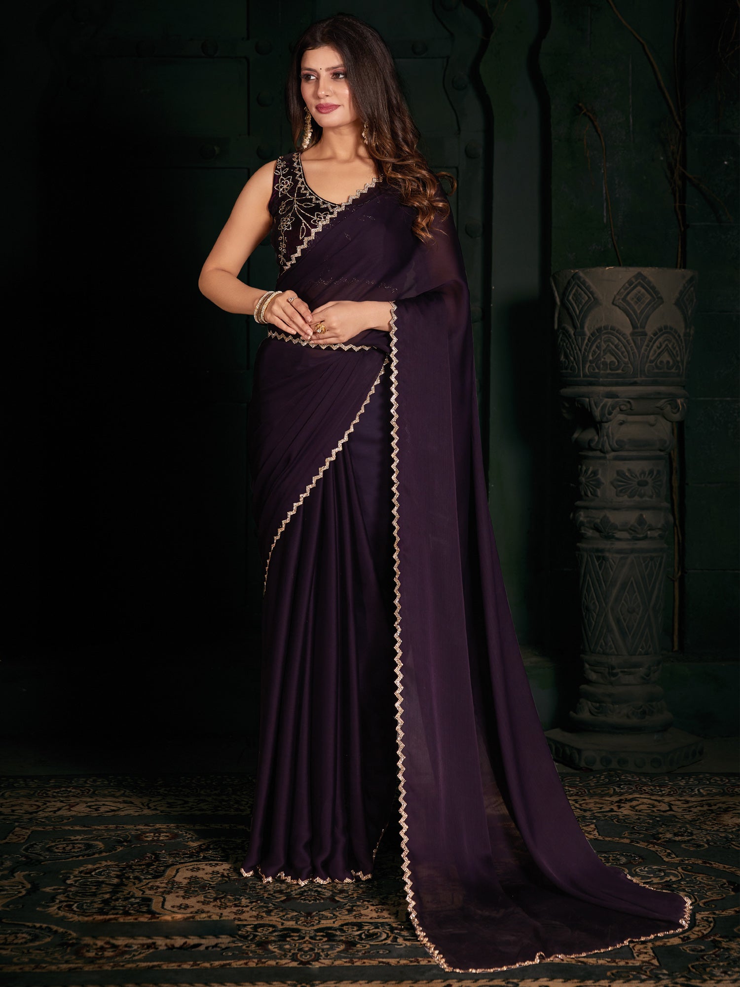 Women's Chiffon Purple Embellished Designer Saree With Blouse Piece
