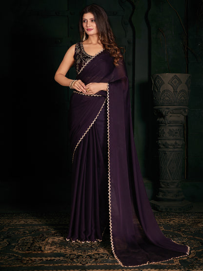 Women's Chiffon Purple Embellished Designer Saree With Blouse Piece