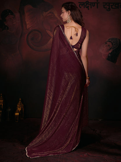 Women's Viscose Silk Burgundy Embellished Designer Saree With Blouse Piece
