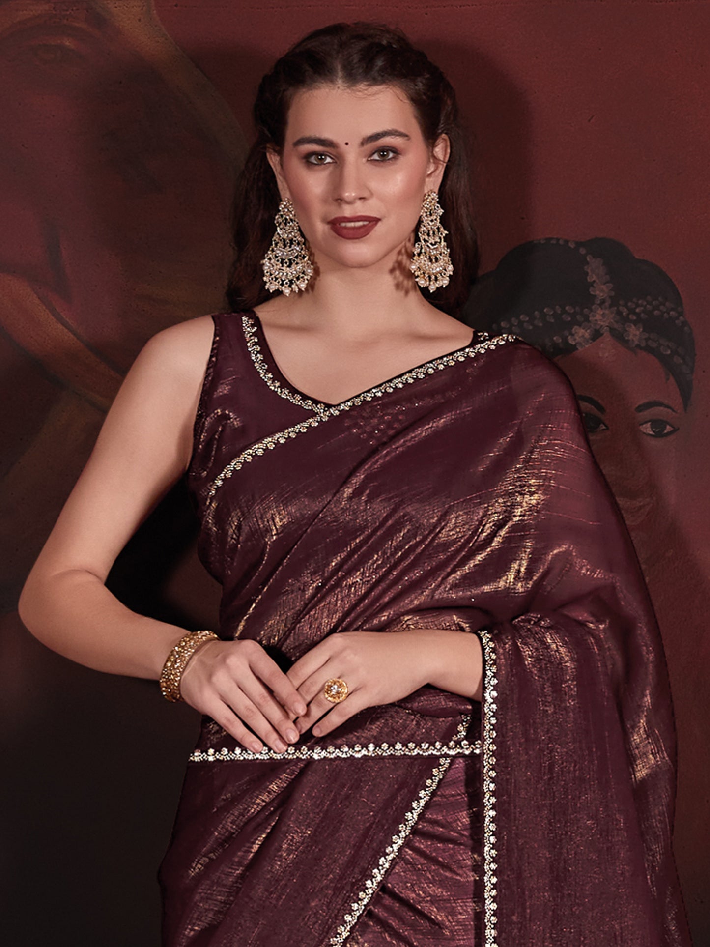 Women's Viscose Silk Burgundy Embellished Designer Saree With Blouse Piece