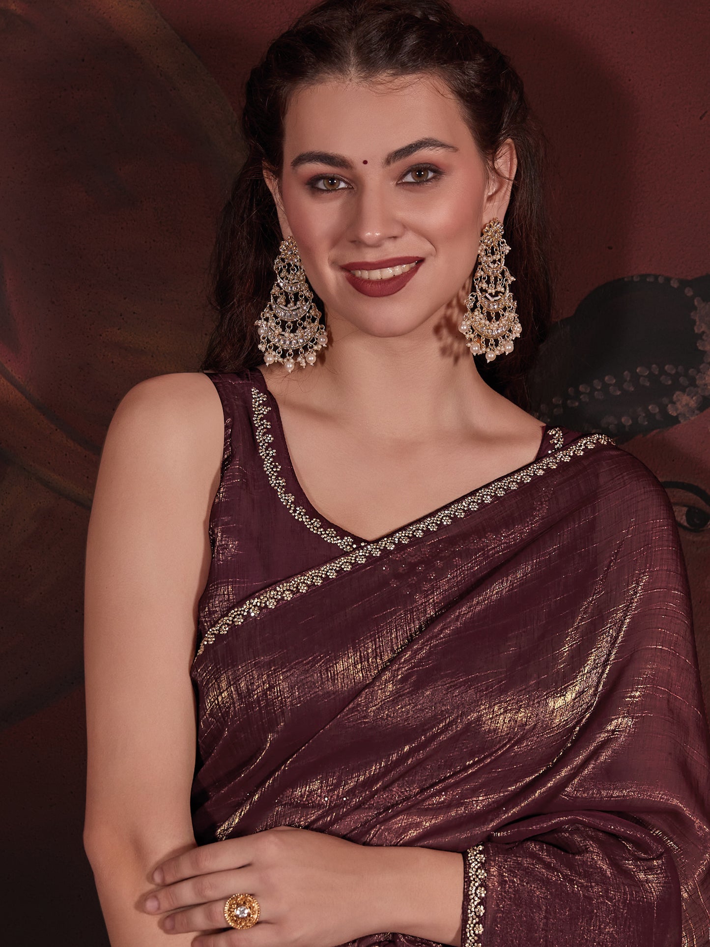 Women's Viscose Silk Burgundy Embellished Designer Saree With Blouse Piece
