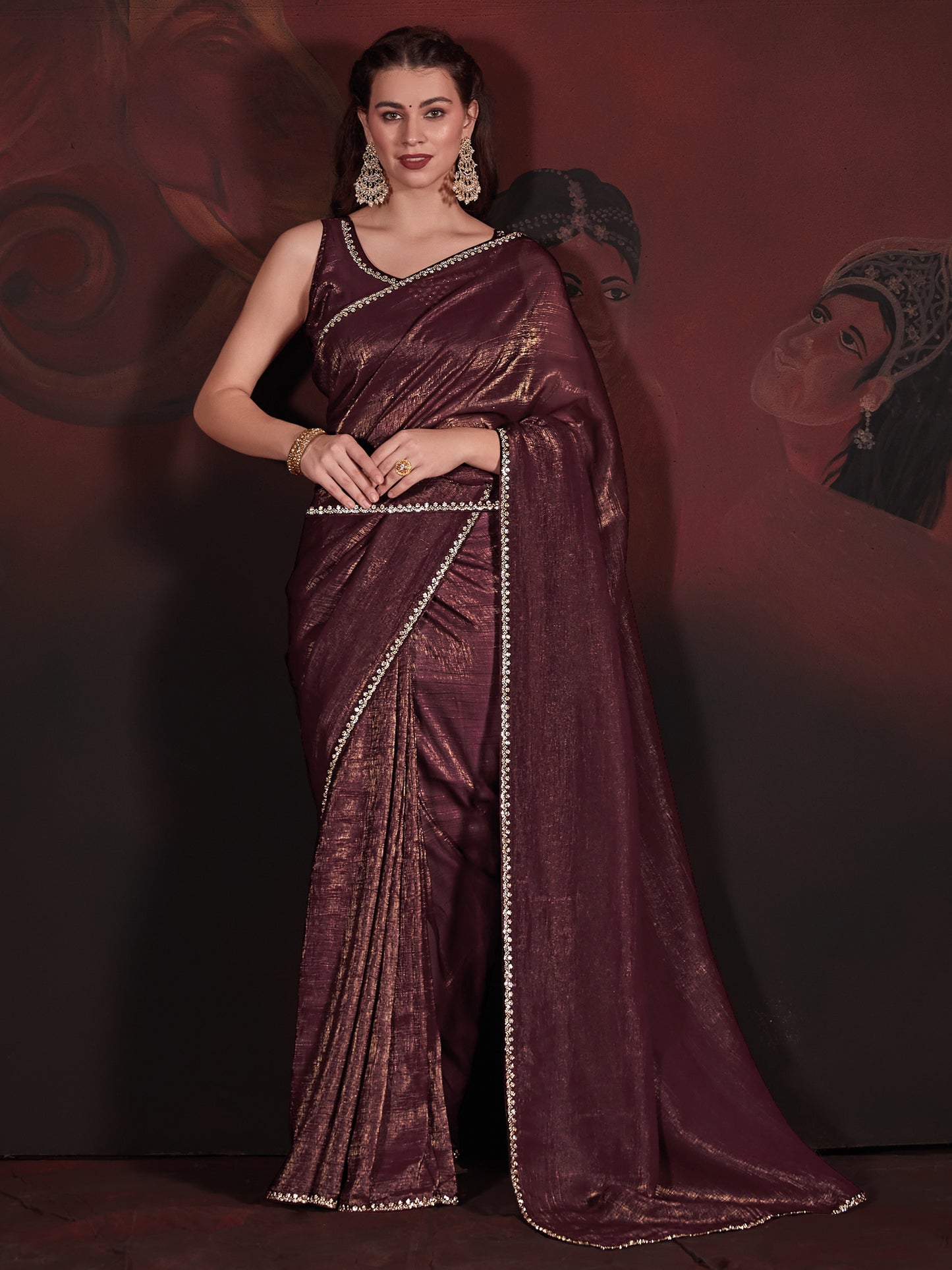 Women's Viscose Silk Burgundy Embellished Designer Saree With Blouse Piece