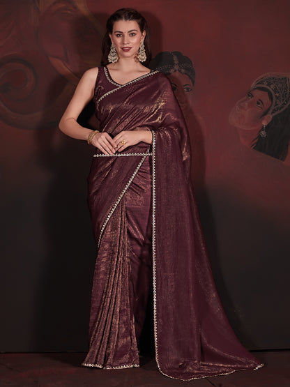 Women's Viscose Silk Burgundy Embellished Designer Saree With Blouse Piece