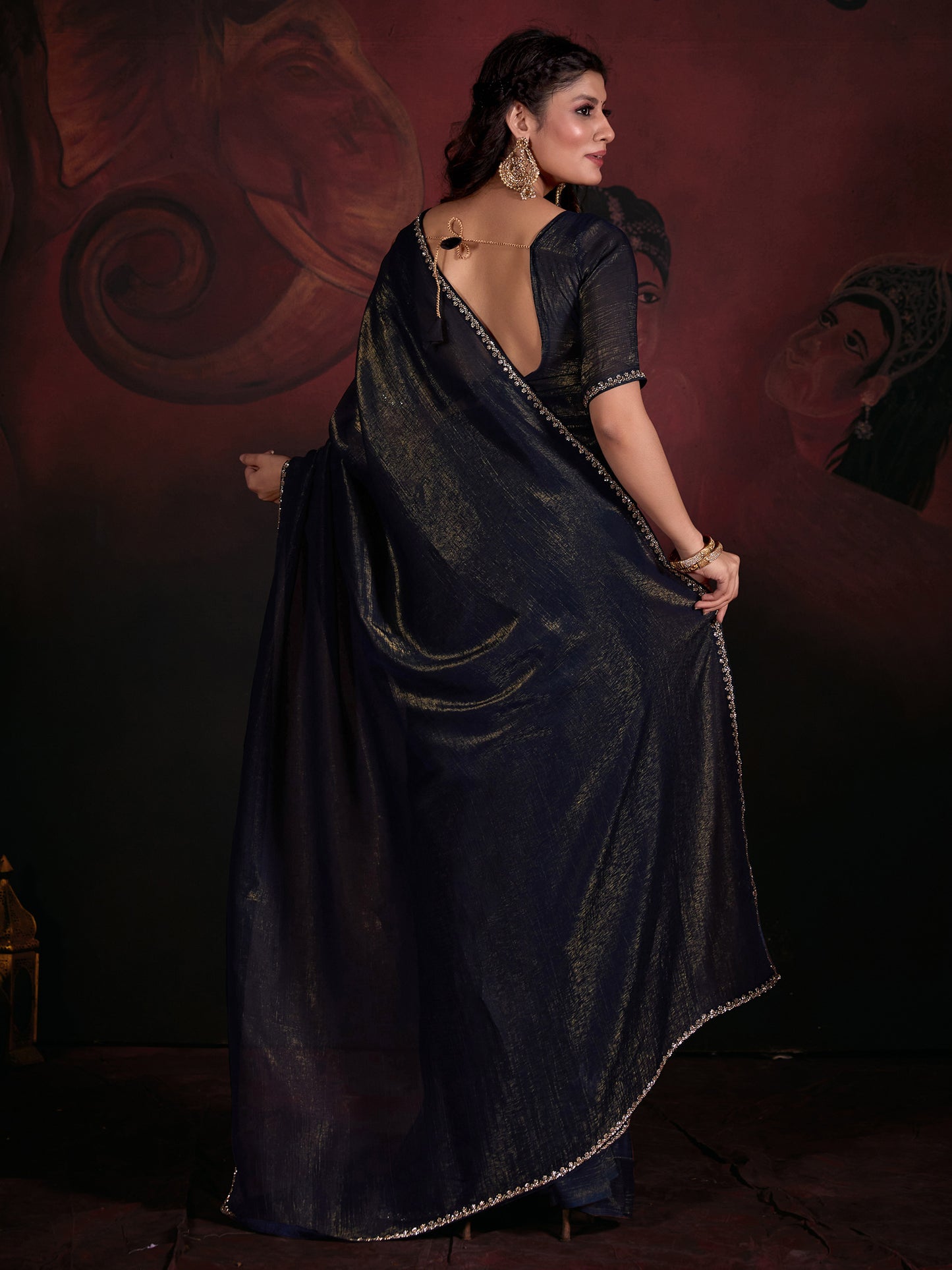 Women's Viscose Silk Navy Blue Embellished Designer Saree With Blouse Piece