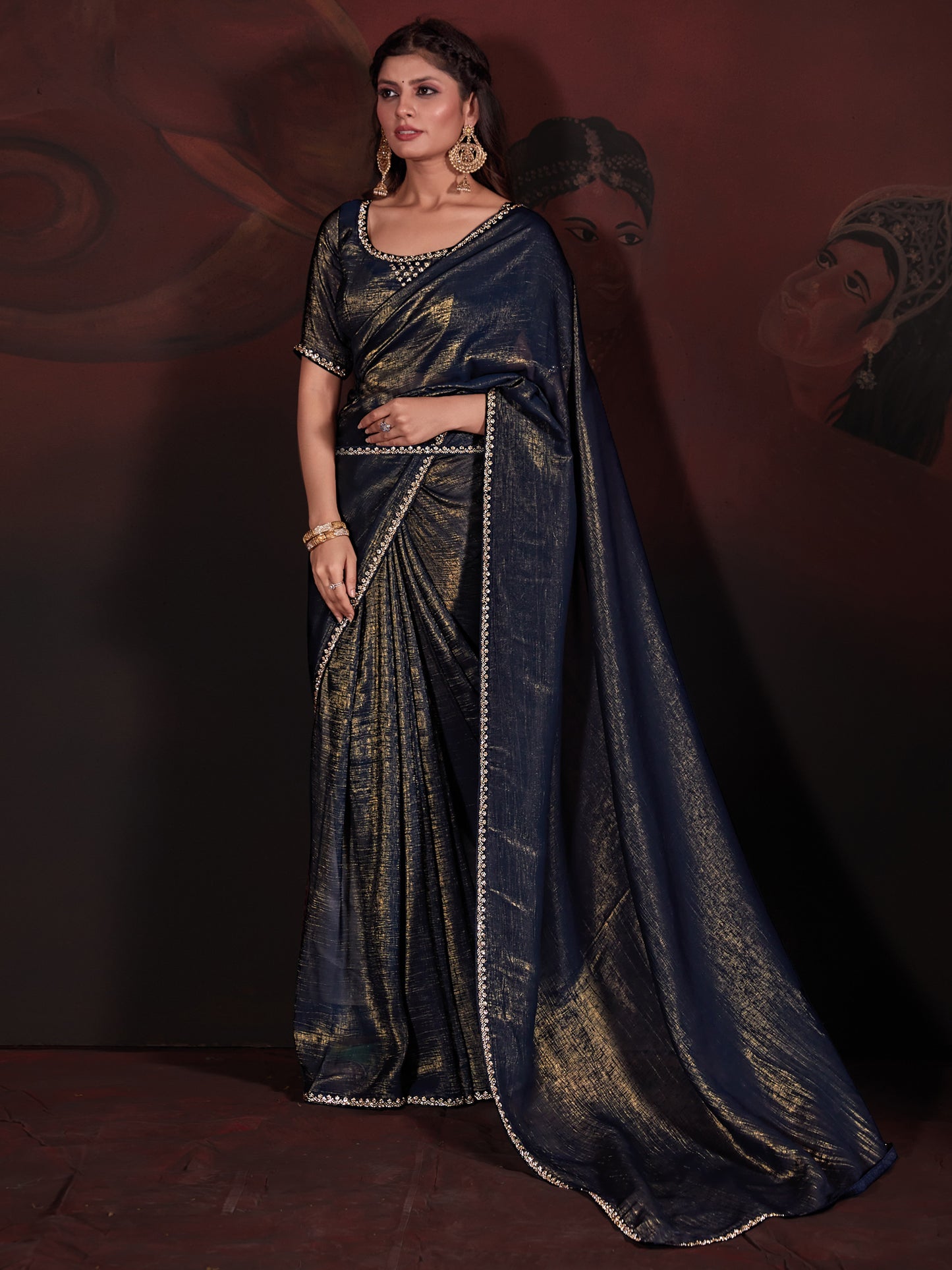 Women's Viscose Silk Navy Blue Embellished Designer Saree With Blouse Piece