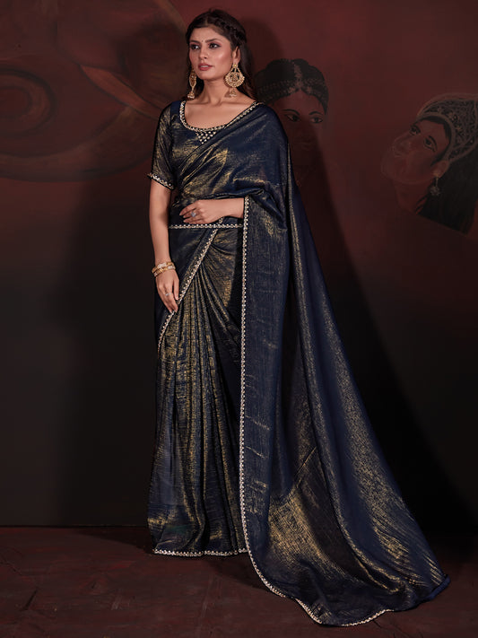 Women's Viscose Silk Navy Blue Embellished Designer Saree With Blouse Piece