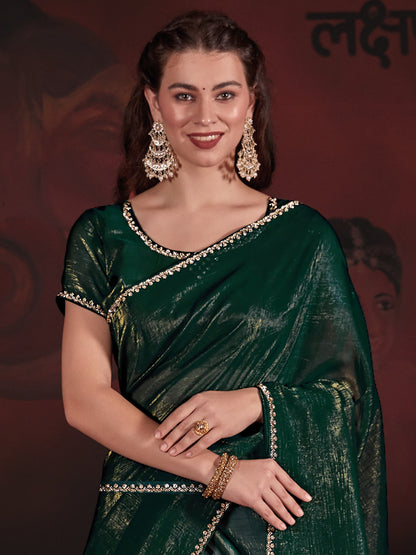 Women's Viscose Silk Green Embellished Designer Saree With Blouse Piece