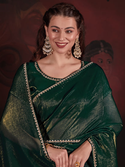 Women's Viscose Silk Green Embellished Designer Saree With Blouse Piece