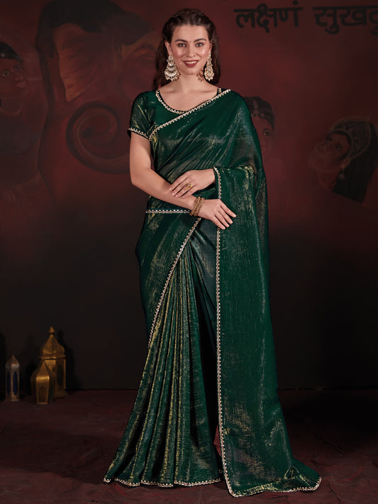 Women's Viscose Silk Green Embellished Designer Saree With Blouse Piece