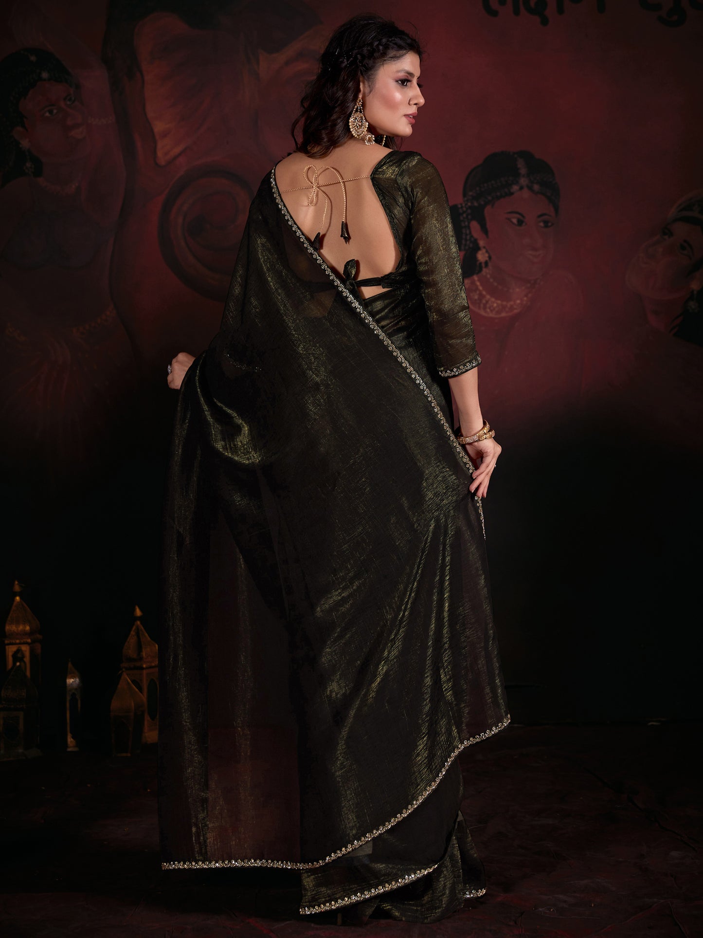 Women's Viscose Silk Olive Embellished Designer Saree With Blouse Piece