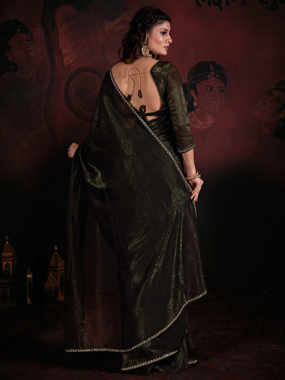 Women's Viscose Silk Olive Embellished Designer Saree With Blouse Piece