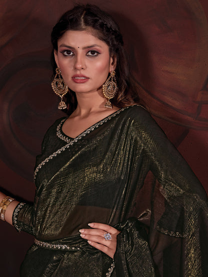 Women's Viscose Silk Olive Embellished Designer Saree With Blouse Piece