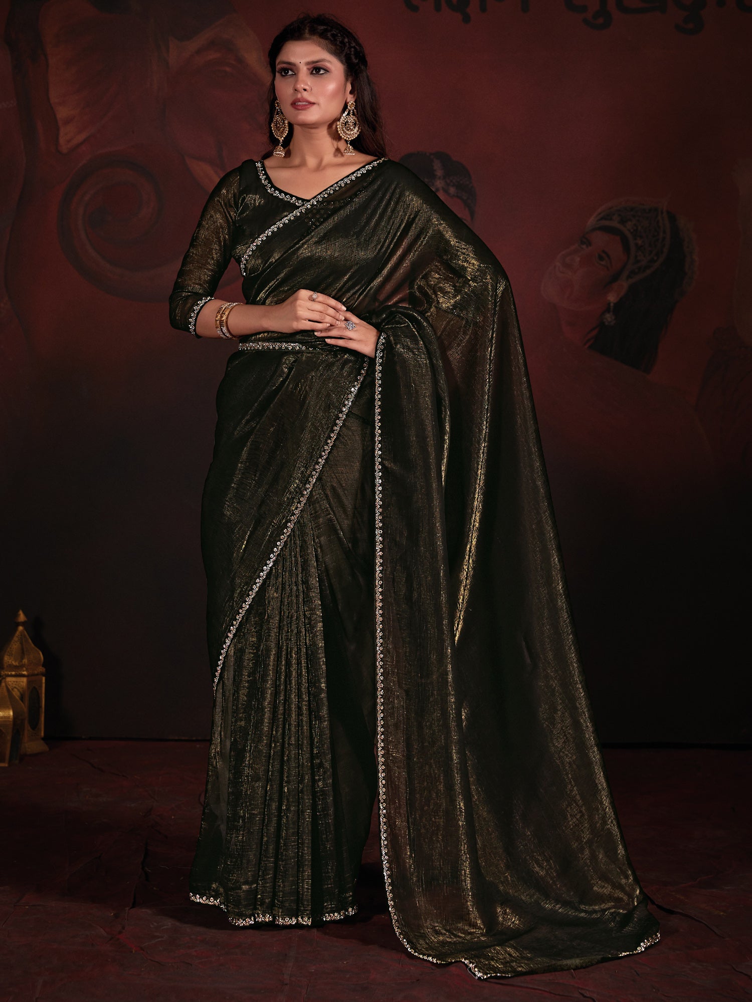 Women's Viscose Silk Olive Embellished Designer Saree With Blouse Piece
