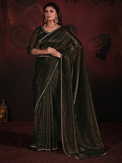 Women's Viscose Silk Olive Embellished Designer Saree With Blouse Piece