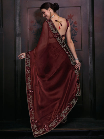 Women's Organza Brown Embellished Designer Saree With Blouse Piece