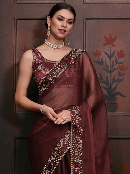 Women's Organza Brown Embellished Designer Saree With Blouse Piece