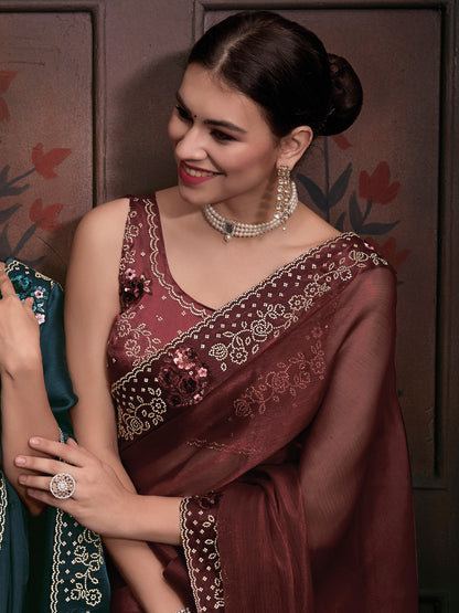 Women's Organza Brown Embellished Designer Saree With Blouse Piece