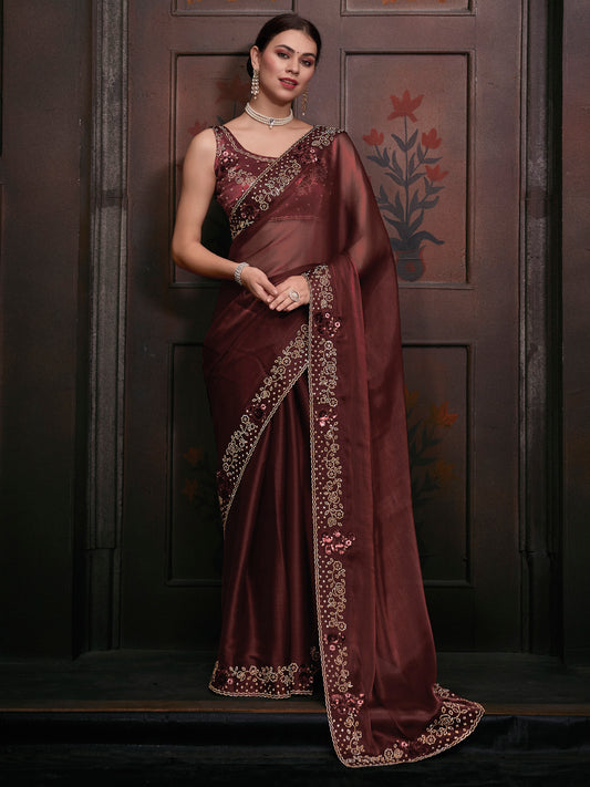 Women's Organza Brown Embellished Designer Saree With Blouse Piece