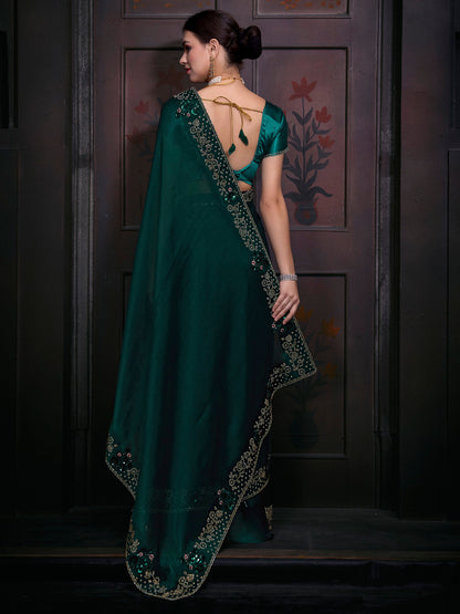 Women's Organza Teal blue Embellished Designer Saree With Blouse Piece