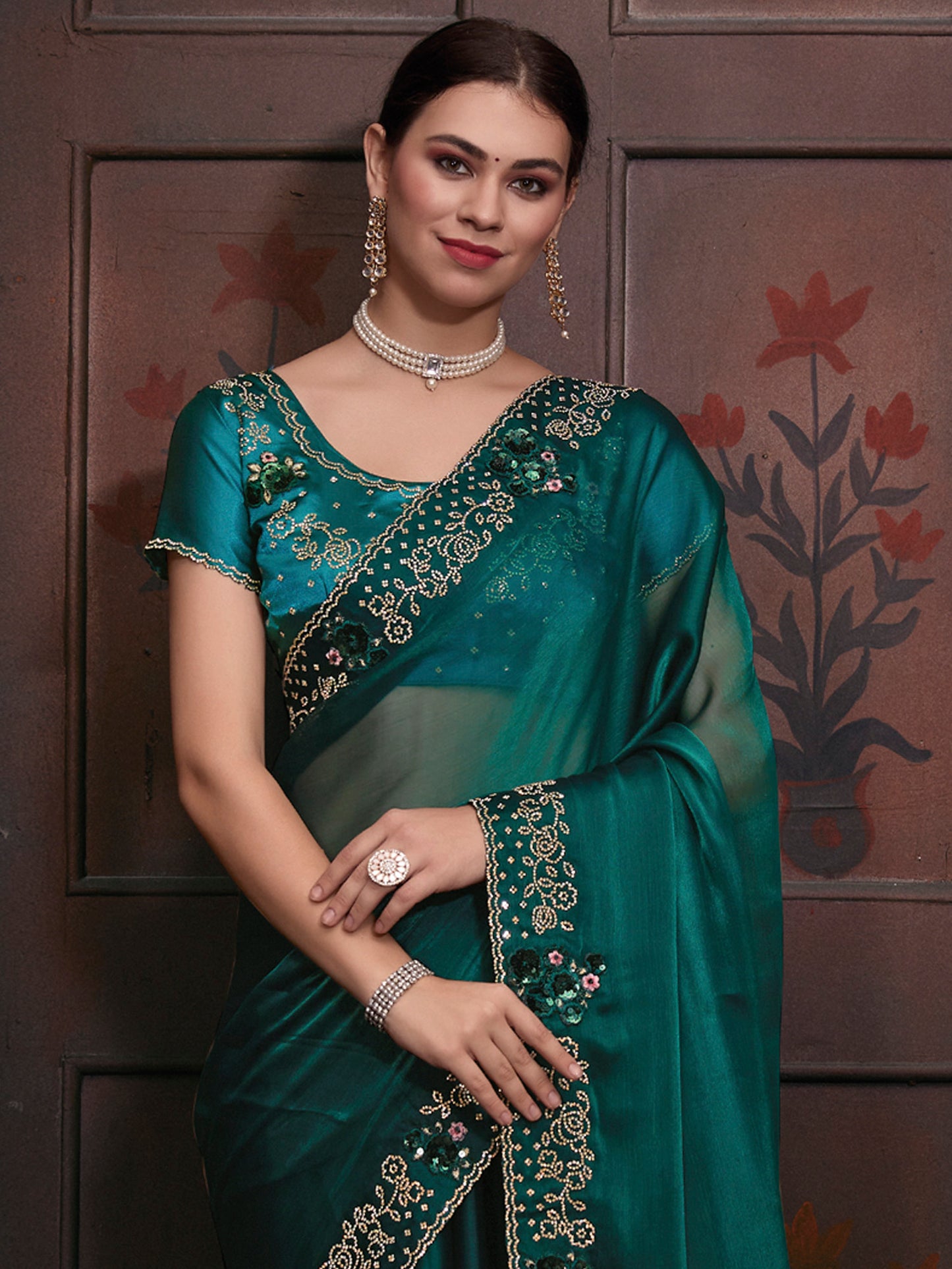Women's Organza Teal blue Embellished Designer Saree With Blouse Piece