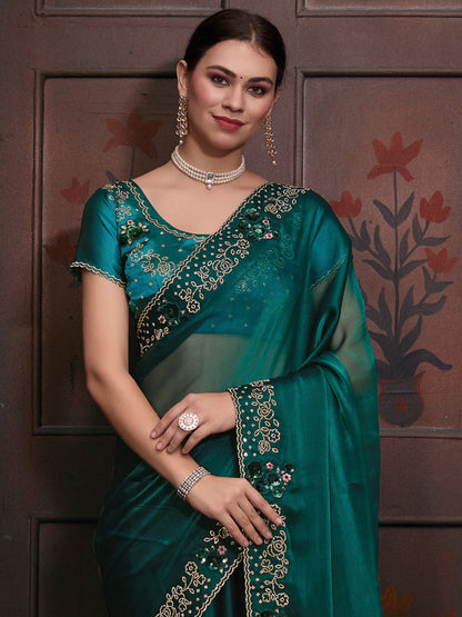 Women's Organza Teal blue Embellished Designer Saree With Blouse Piece