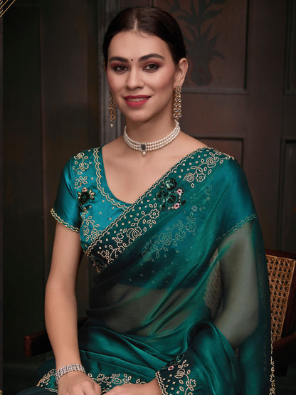 Women's Organza Teal blue Embellished Designer Saree With Blouse Piece